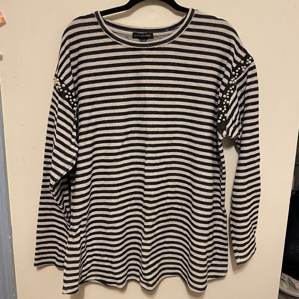 Lane Bryant Women 18/20 Black Gray Stripped Stretch Longsleeve Top Faux Pearls - Picture 6 of 8